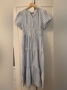 Light Blue & White Stripe Midi Dress with Smocked Waist